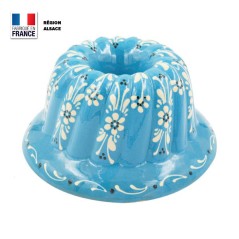 Moule à Kouglof Bleu Turquoise 24 cm Décor Fleurs Blanches