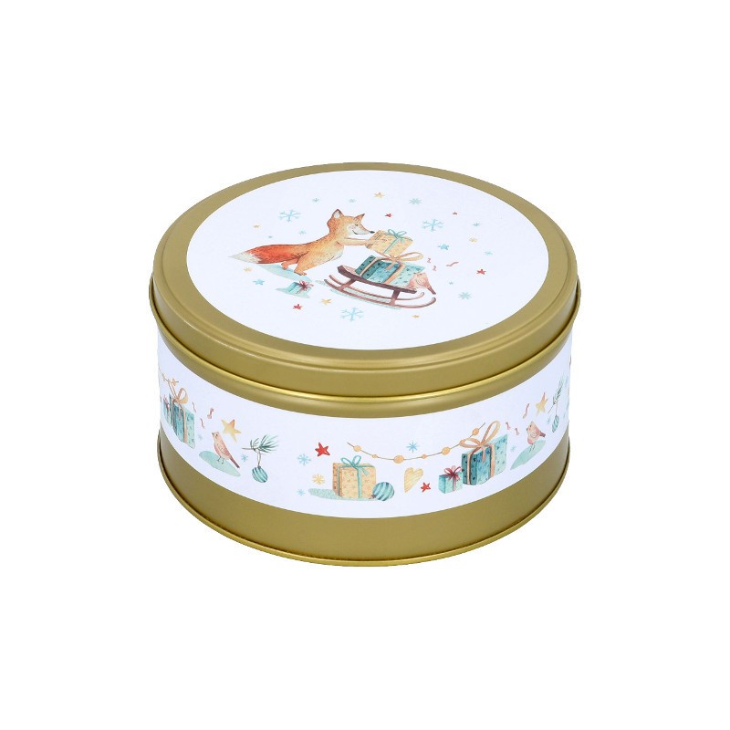 Boite à biscuits de Noël ronde petite - décor doré - 13 cm Boite à biscuits de Noël ronde petite - décor doré - 13 cm