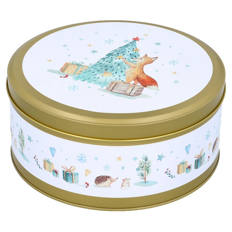 Boite à biscuits de Noël ronde Grande - Décor doré - 20 cm Boite à biscuits de Noël ronde Grande - Décor doré - 20 cm